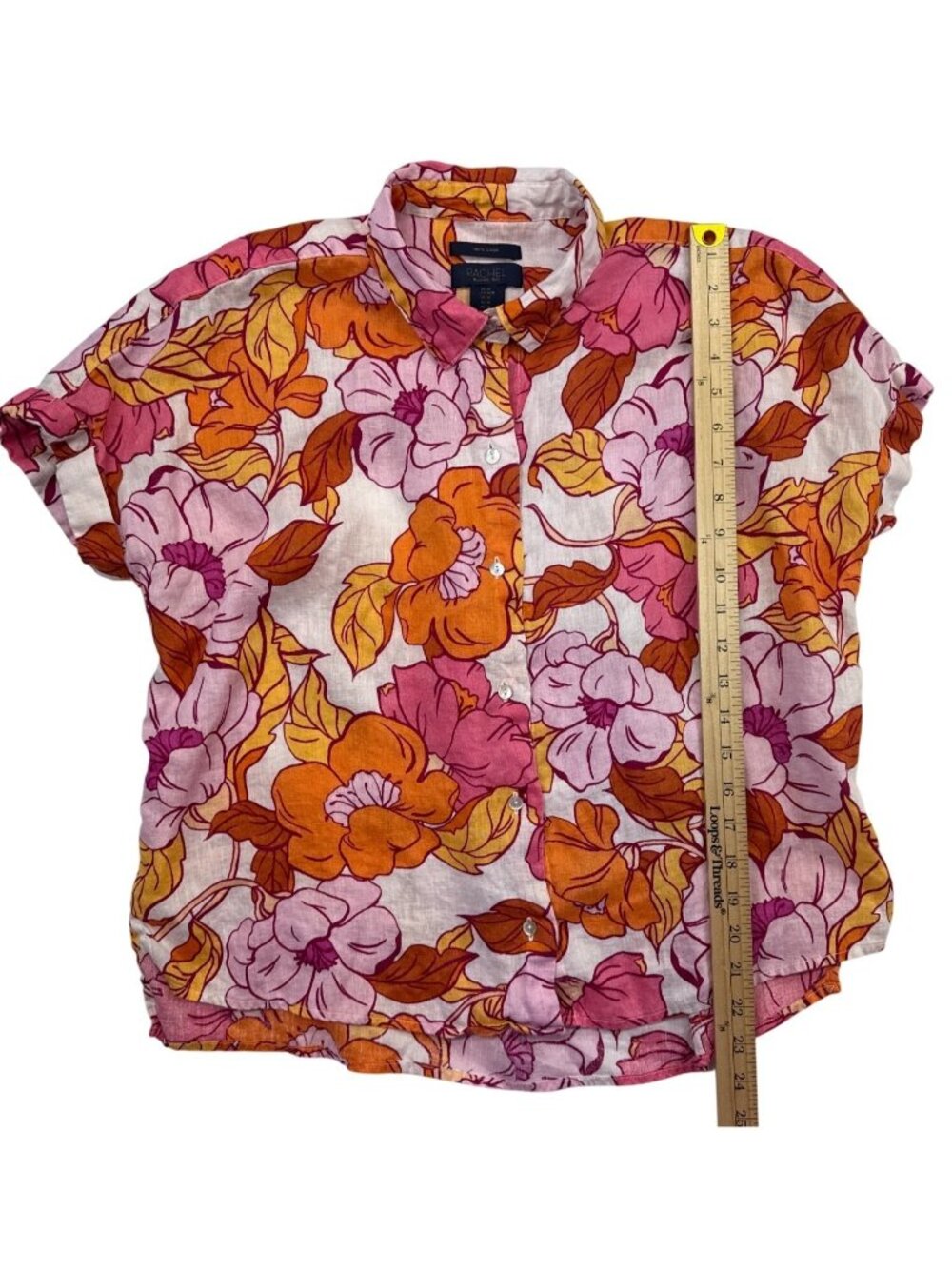 Rachel Roy Linen Floral Hawaiian Shirt Sz M Cropped Tropical Button Up Resort - Picture 4 of 8